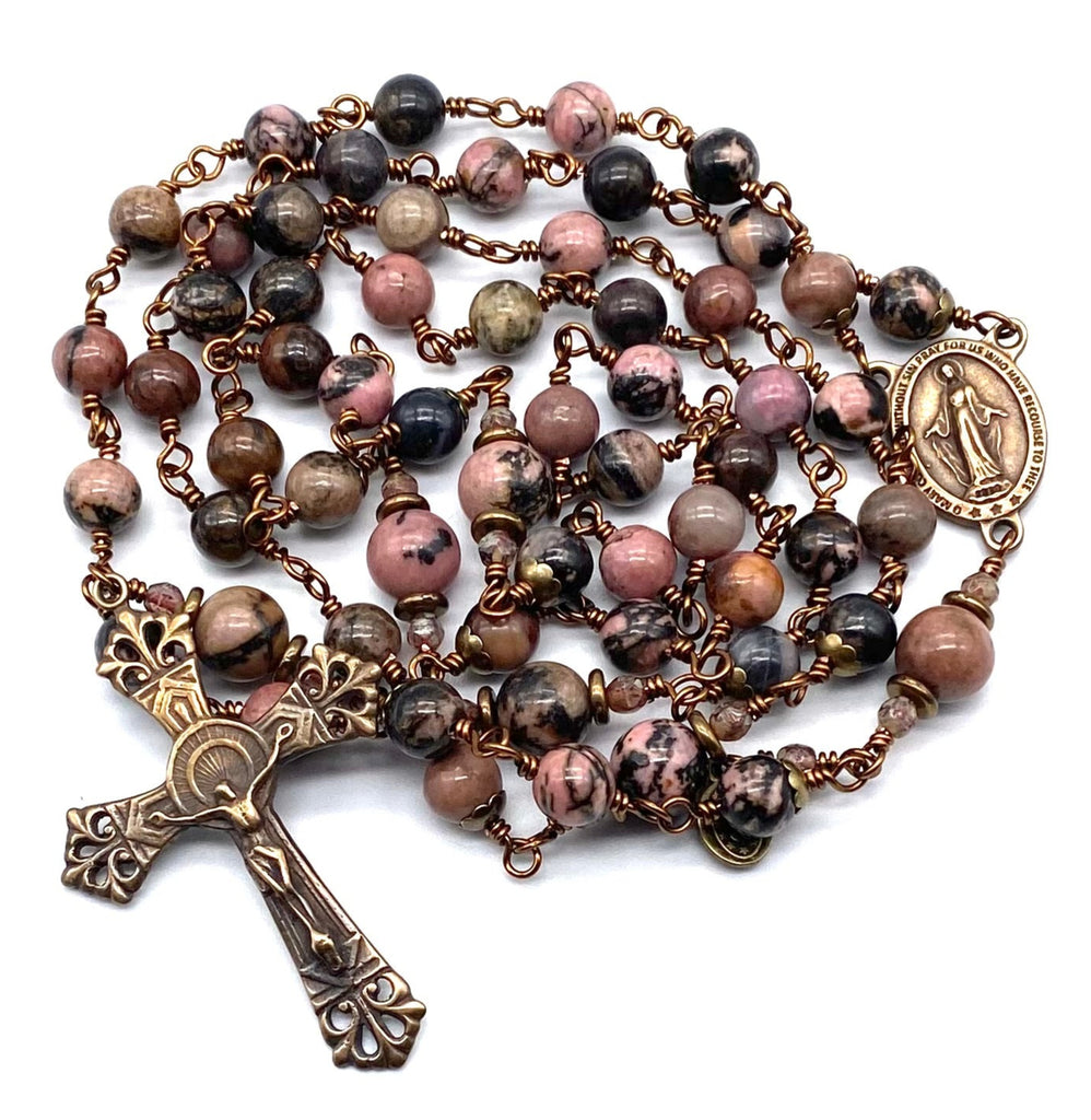 Pink and Black Rhodonite Gemstone Wire Wrapped Catholic Heirloom Rosary LARGE