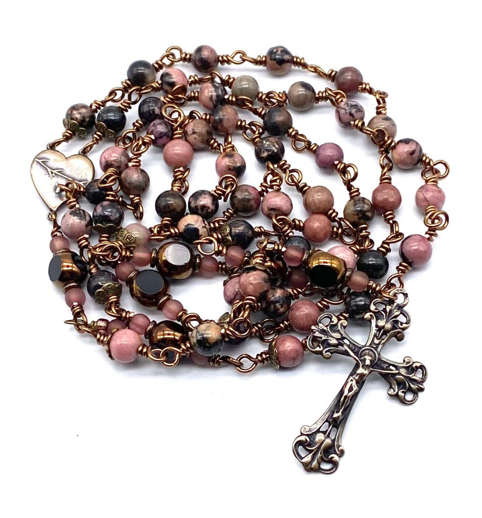 Pink and Black Rhodonite Gemstone Wire Wrapped Catholic Heirloom Rosary Medium