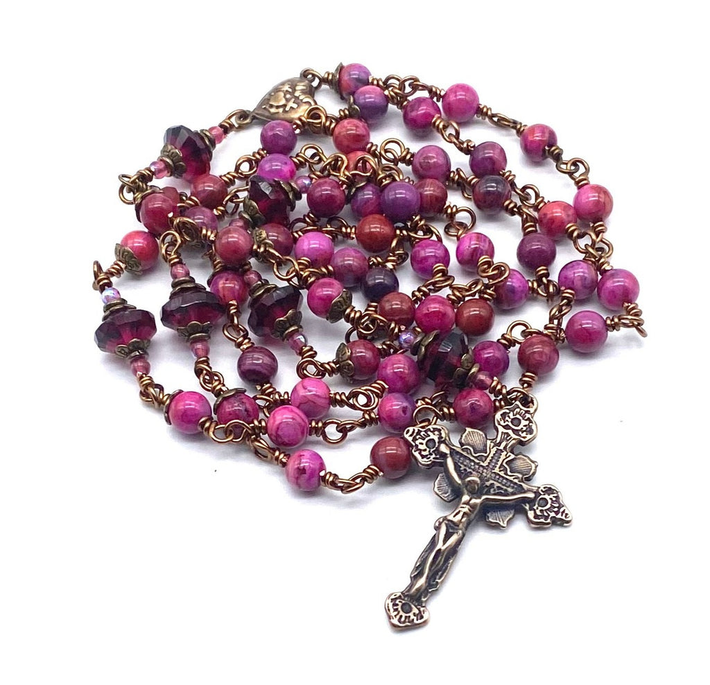 Pink Crazy Lace Agate Gemstone Wire Wrapped Catholic Heirloom Rosary Medium