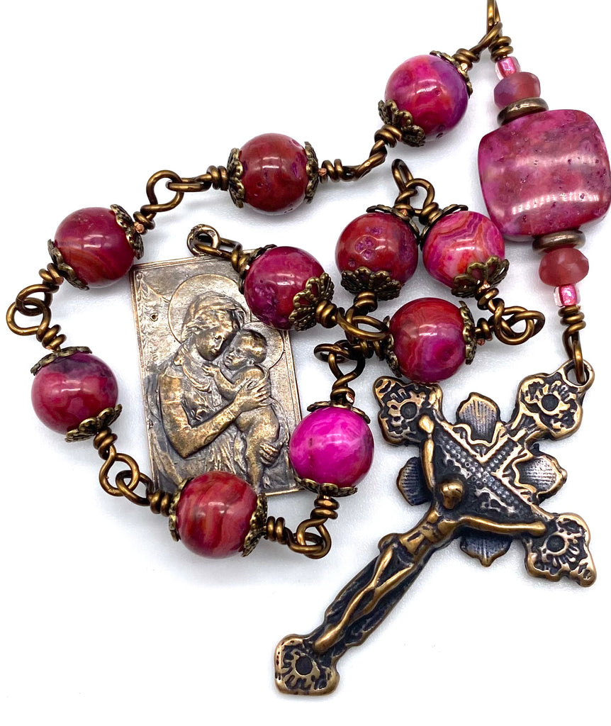 Pink Crazy Lace Agate Gemstone Catholic Heirloom Tenner Rosary