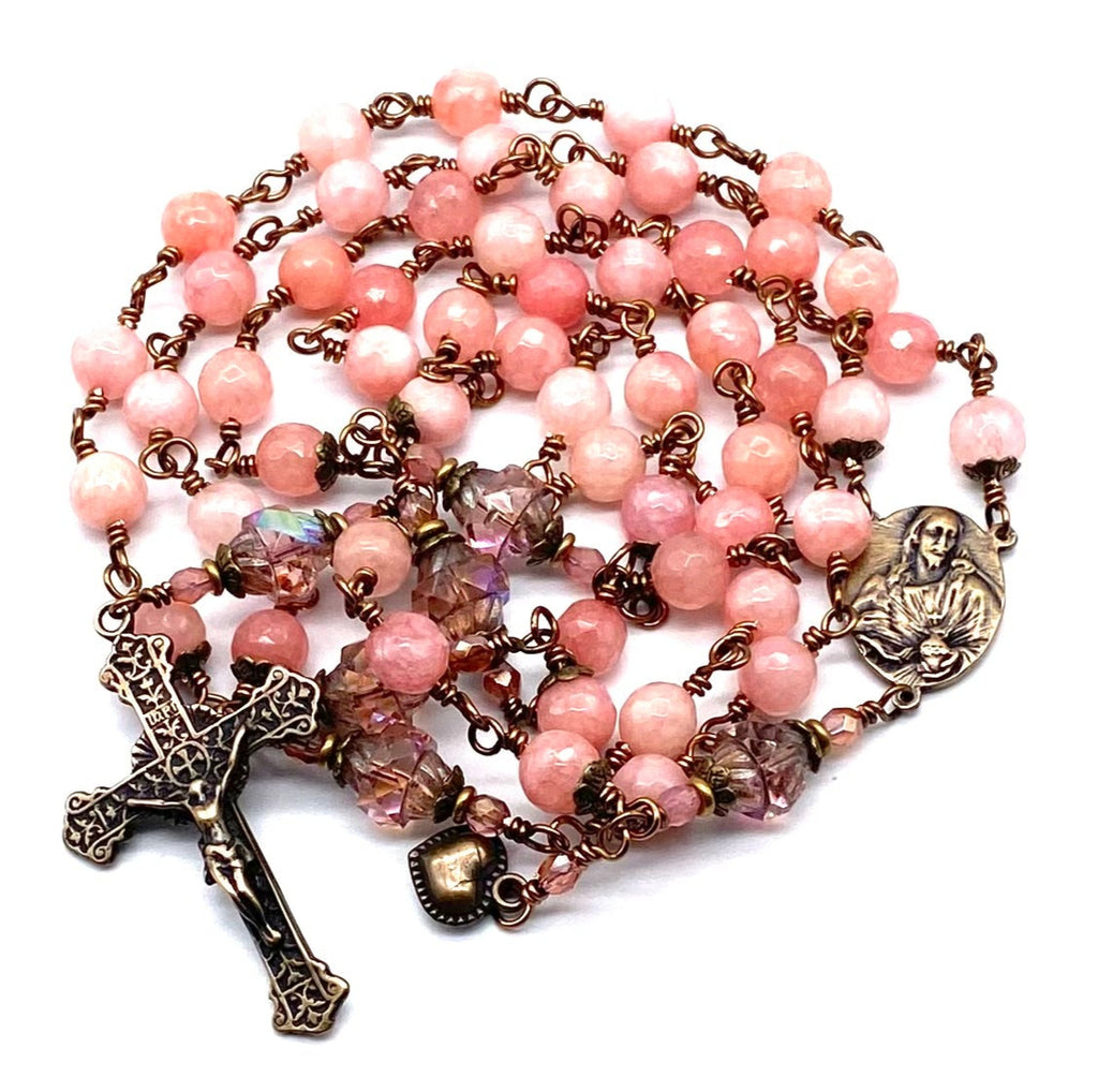 Pink Jade Faceted Gemstone Wire Wrapped Catholic Heirloom Rosary LARGE