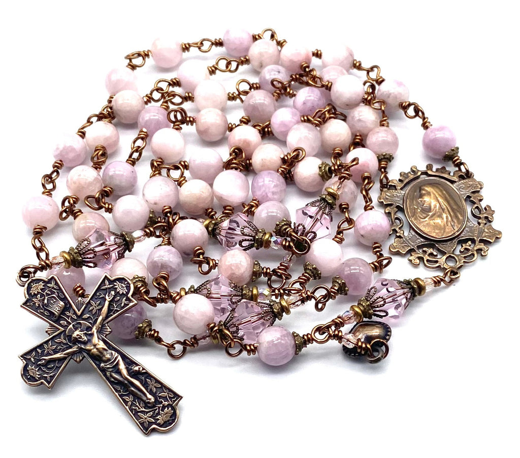 Pink Kunzite Gemstone Wire Wrapped Catholic Heirloom Rosary LARGE