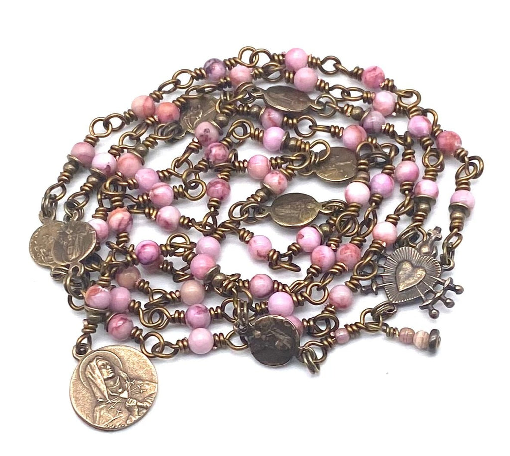 Seven Sorrows Rosary, Pink Opal Gemstone Heirloom Catholic Servite Delores Rosary Wire Wrapped Solid Bronze PETITE