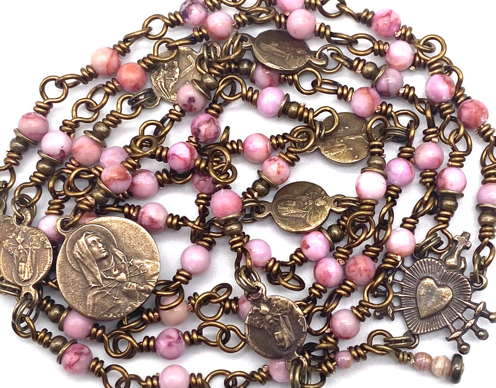 Pink Opal Gemstone Catholic Heirloom Rosary of the Seven Sorrows Petite