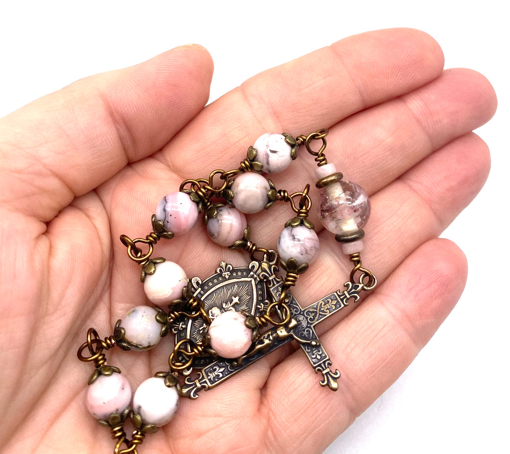 Pink Opal Gemstone Wire Wrapped Catholic Heirloom Tenner Rosary