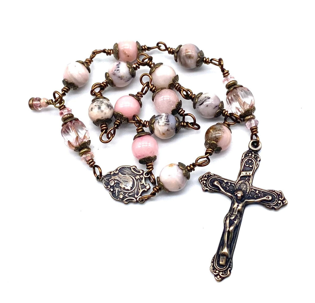 Pink Opal Jade Gemstone Wire Wrapped Catholic Heirloom Travel Rosary