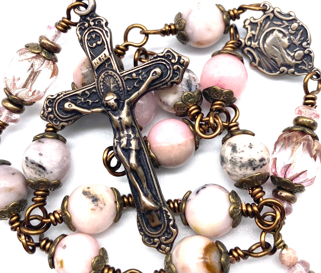 Pink Opal Jade Gemstone Wire Wrapped Catholic Heirloom Travel Rosary