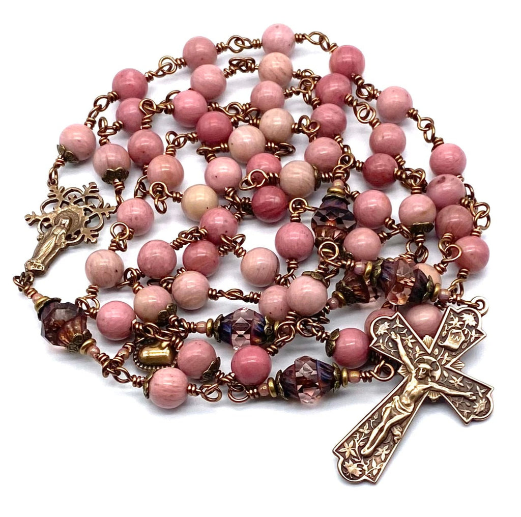 Pink Rhodonite Gemstone Wire Wrapped Catholic Heirloom Rosary LARGE