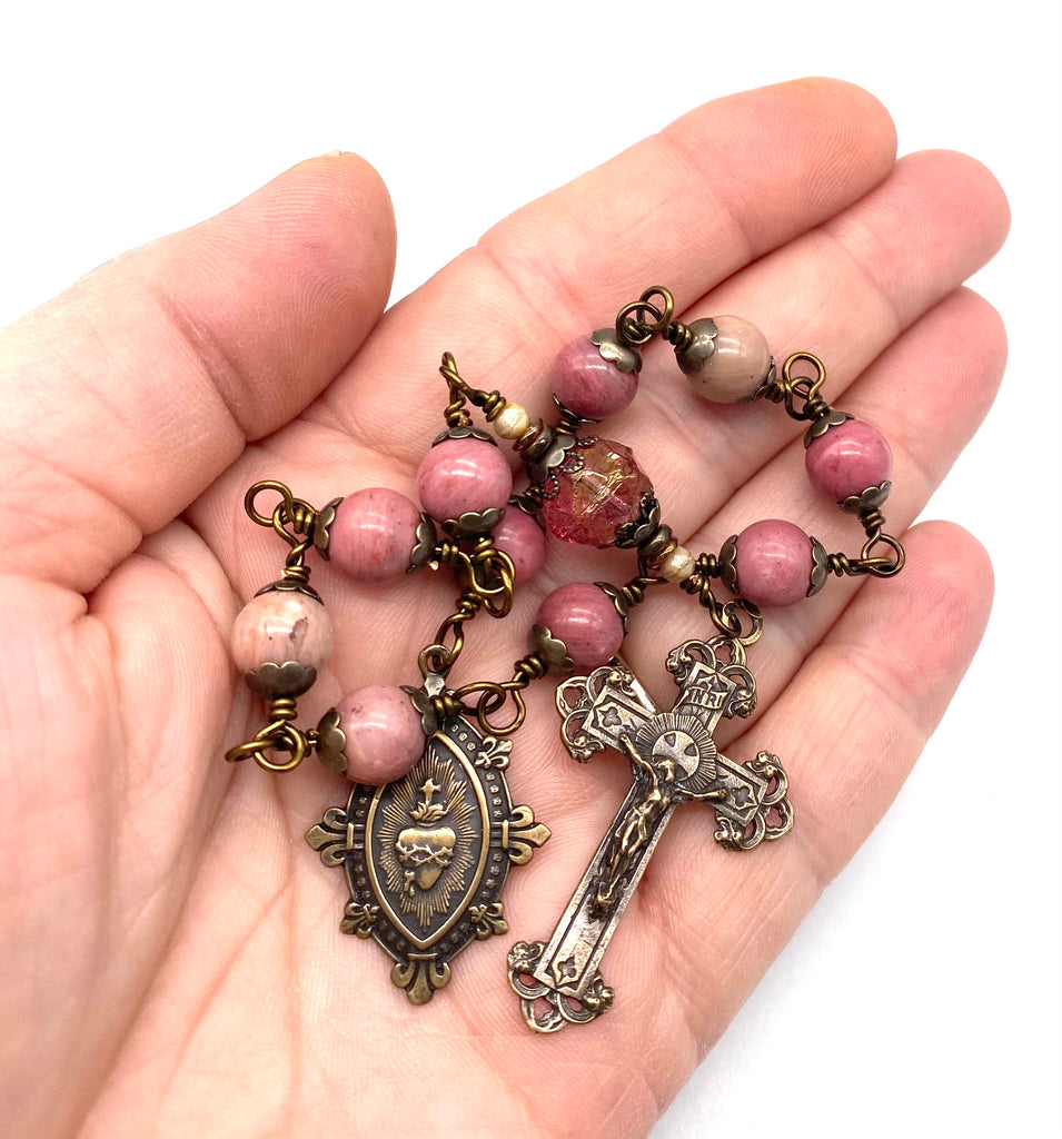 Pink Rhodonite Gemstone Wire Wrapped Catholic Heirloom Tenner Rosary
