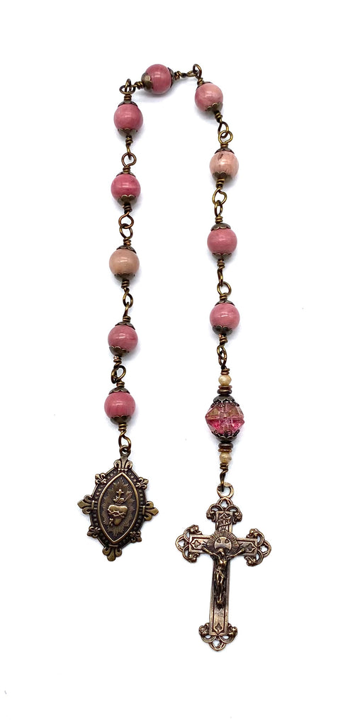 Pink Rhodonite Gemstone Wire Wrapped Catholic Heirloom Tenner Rosary