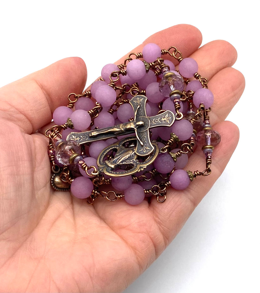 Plum Violet Jade Matte Gemstone Wire Wrapped Catholic Heirloom Rosary LARGE