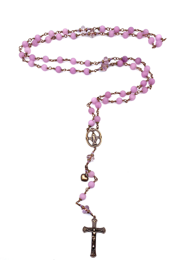 Plum Violet Jade Matte Gemstone Wire Wrapped Catholic Heirloom Rosary LARGE