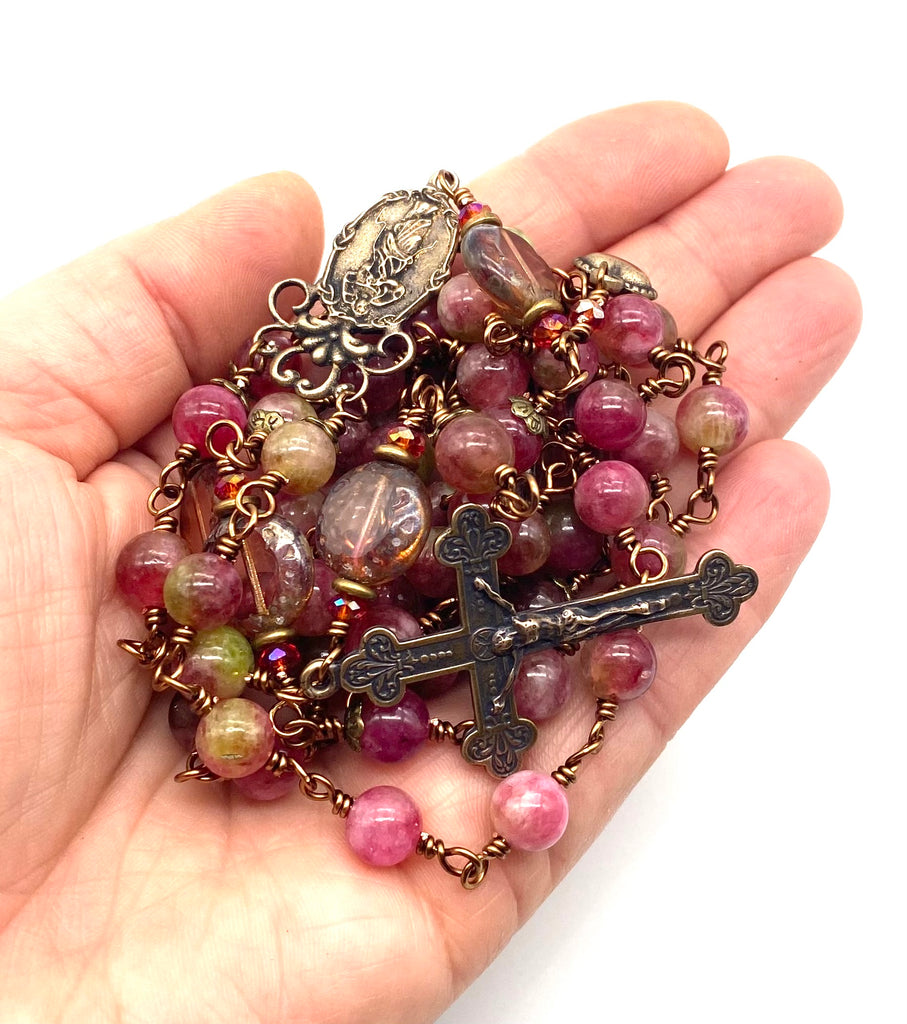 Plum Watermelon Jade Wire Wrapped Catholic Heirloom Rosary Large