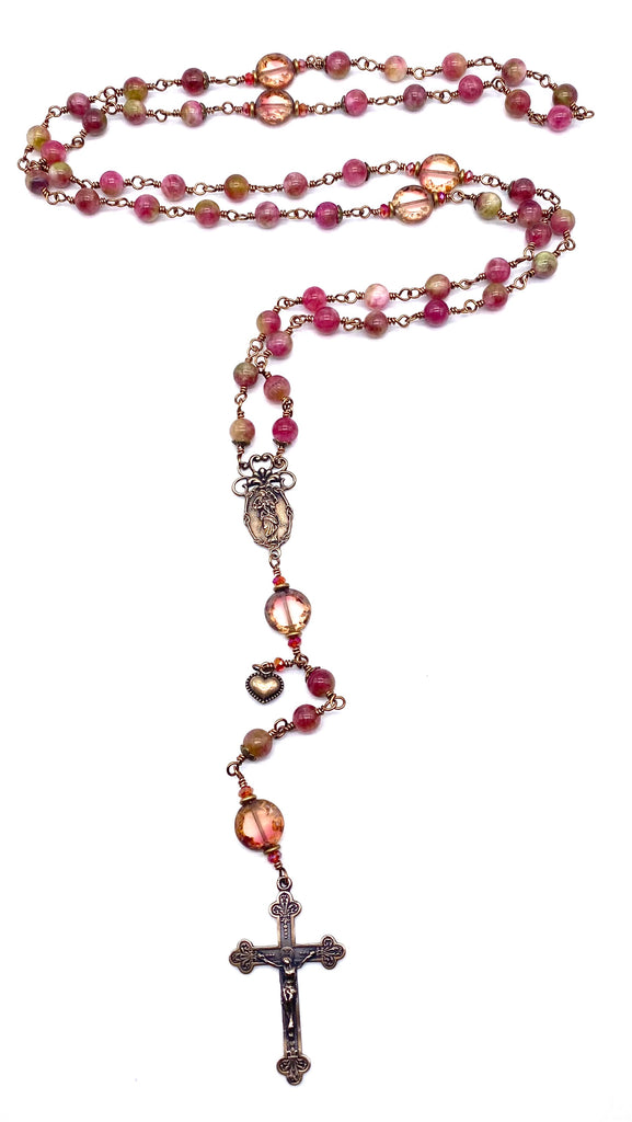 Plum Watermelon Jade Wire Wrapped Catholic Heirloom Rosary Large