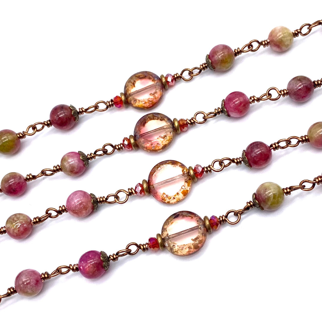 Plum Watermelon Jade Wire Wrapped Catholic Heirloom Rosary Large