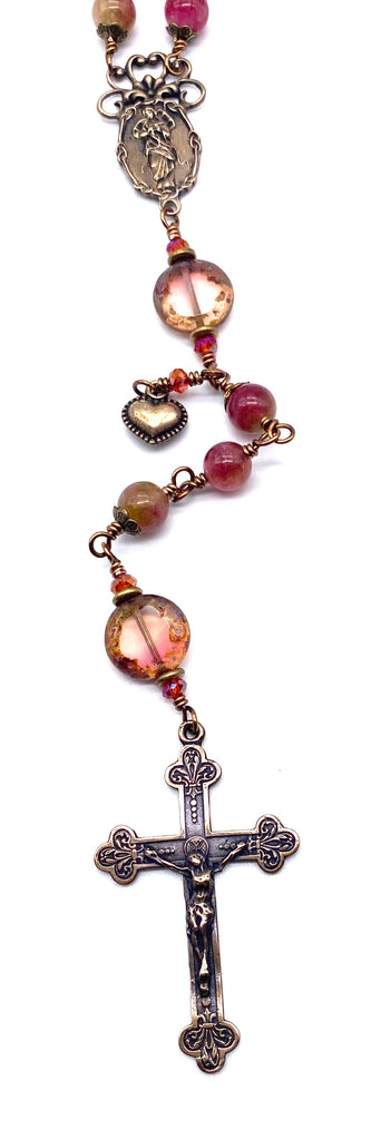 Plum Watermelon Jade Wire Wrapped Catholic Heirloom Rosary Large