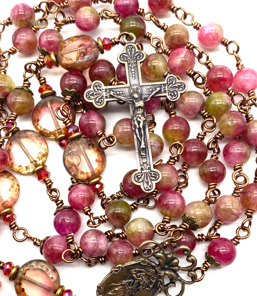 Plum Watermelon Jade Wire Wrapped Catholic Heirloom Rosary Large