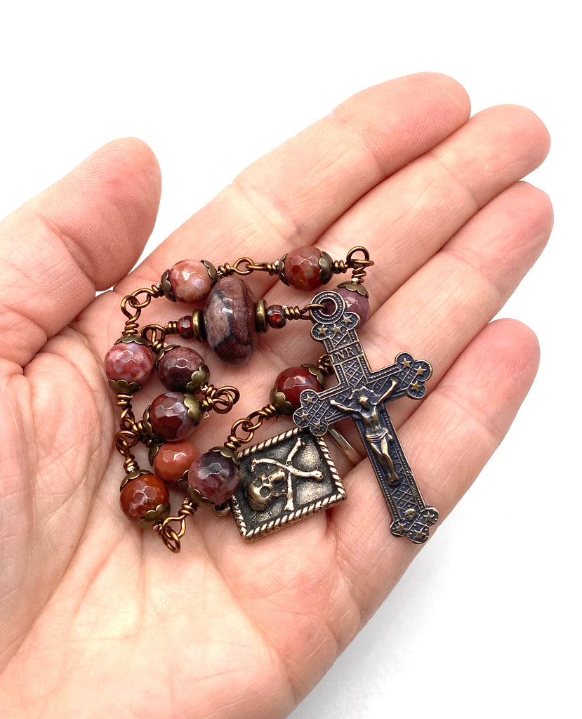 Portuguese Agate Gemstone Wire Wrapped Catholic Heirloom "Memento Mori" Tenner Rosary