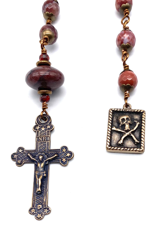 Portuguese Agate Gemstone Wire Wrapped Catholic Heirloom "Memento Mori" Tenner Rosary