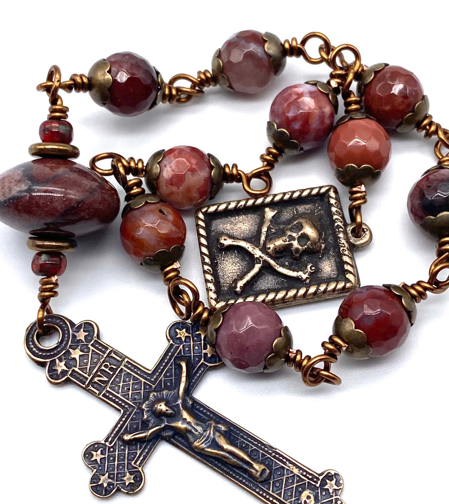 Portuguese Agate Gemstone Wire Wrapped Catholic Heirloom "Memento Mori" Tenner Rosary