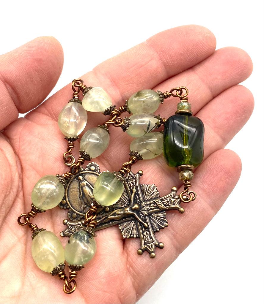 Prehnite Gemstone Wire Wrapped BIG BEAD Catholic Heirloom Tenner Rosary