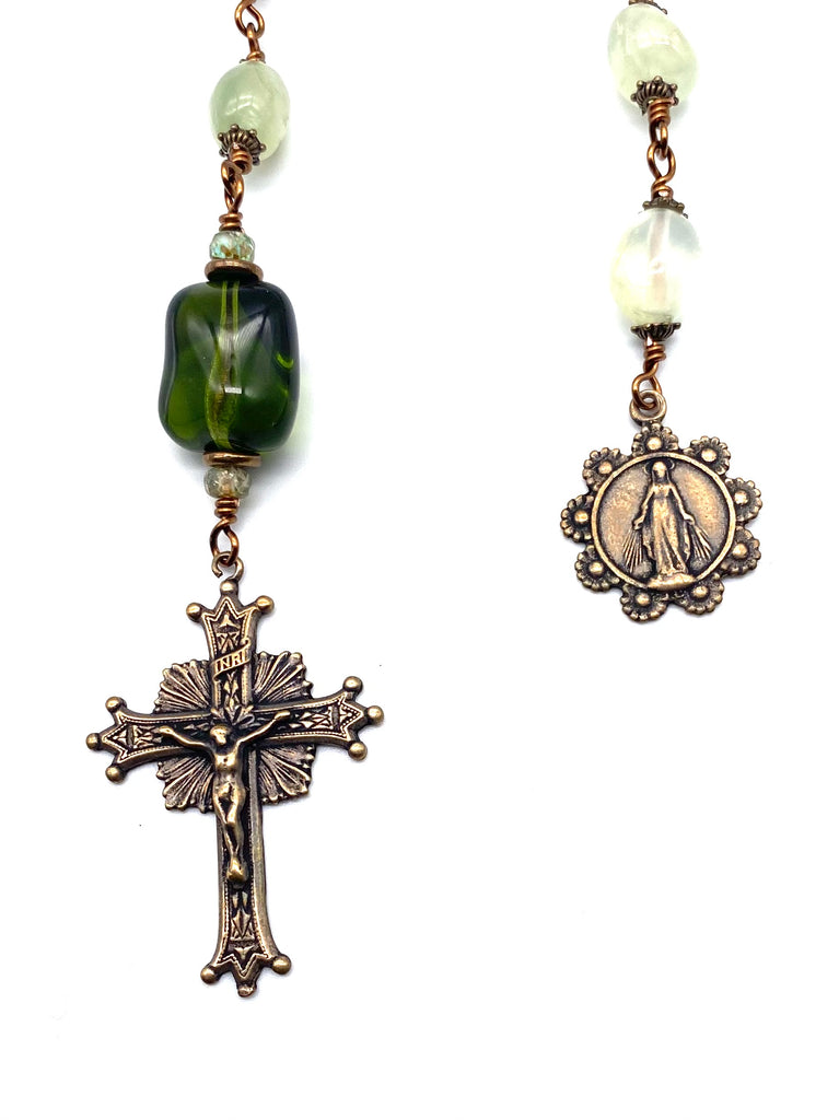 Prehnite Gemstone Wire Wrapped BIG BEAD Catholic Heirloom Tenner Rosary