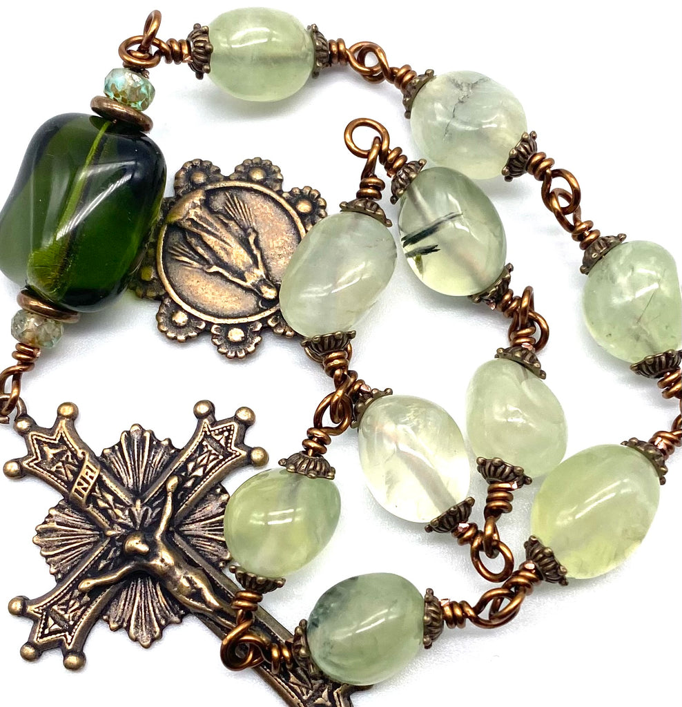 Prehnite Gemstone Wire Wrapped BIG BEAD Catholic Heirloom Tenner Rosary