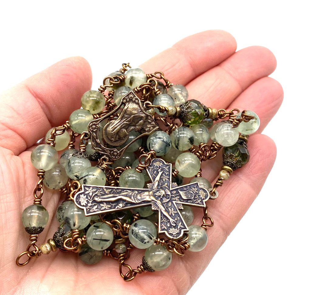 Prehnite Gemstone Wire Wrapped Catholic Heirloom Rosary LARGE
