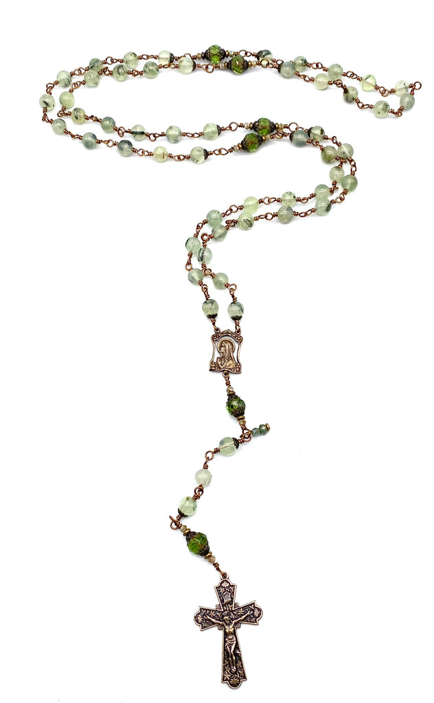 Prehnite Gemstone Wire Wrapped Catholic Heirloom Rosary LARGE
