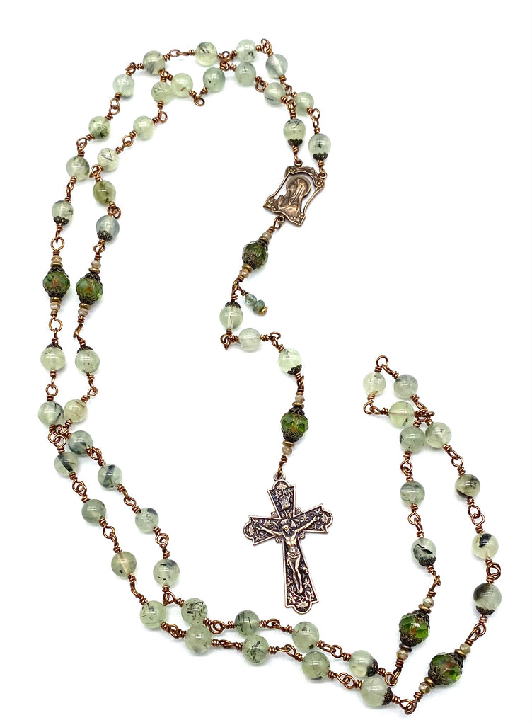 Prehnite Gemstone Wire Wrapped Catholic Heirloom Rosary LARGE