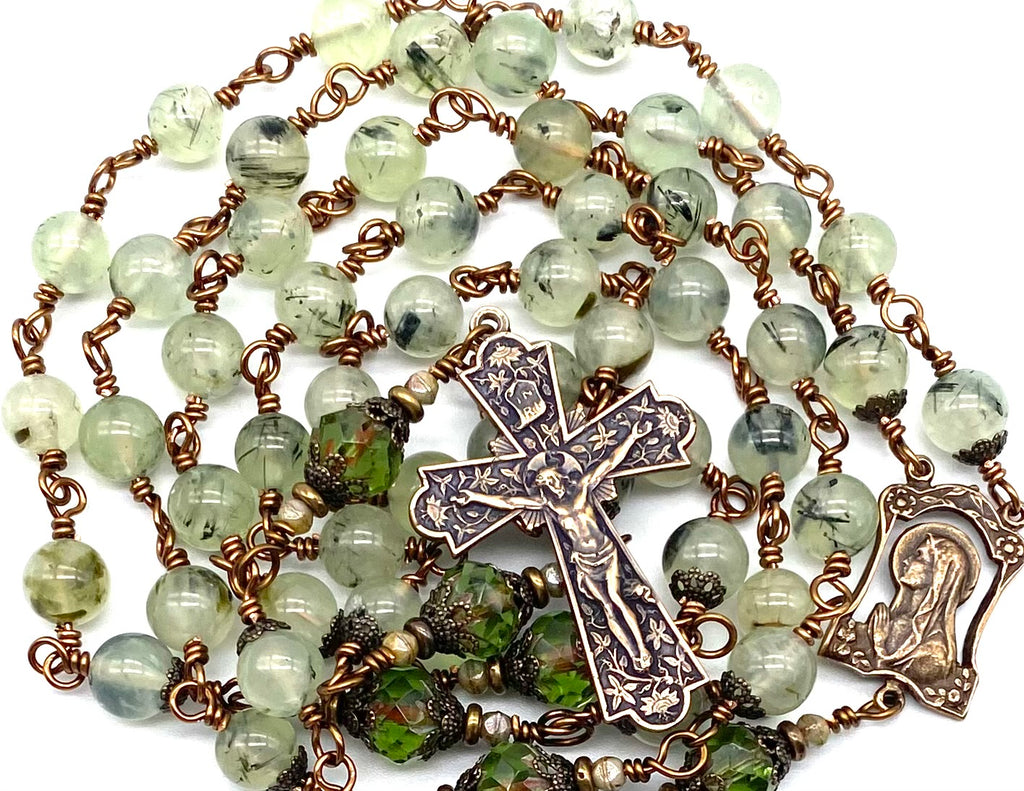 Prehnite Gemstone Wire Wrapped Catholic Heirloom Rosary LARGE