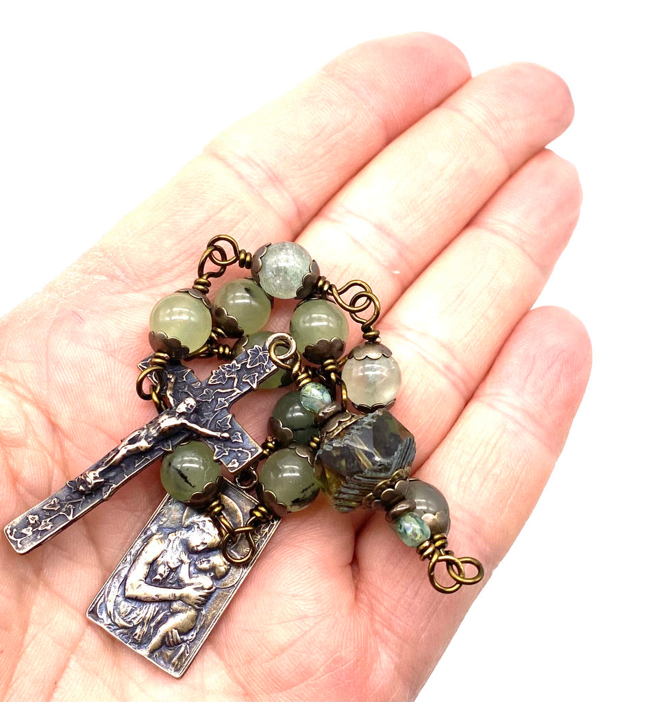 Prehnite Gemstone Wire Wrapped Catholic Heirloom Tenner Rosary