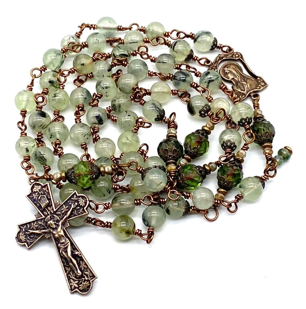 Prehnite Gemstone Wire Wrapped Catholic Heirloom Rosary LARGE