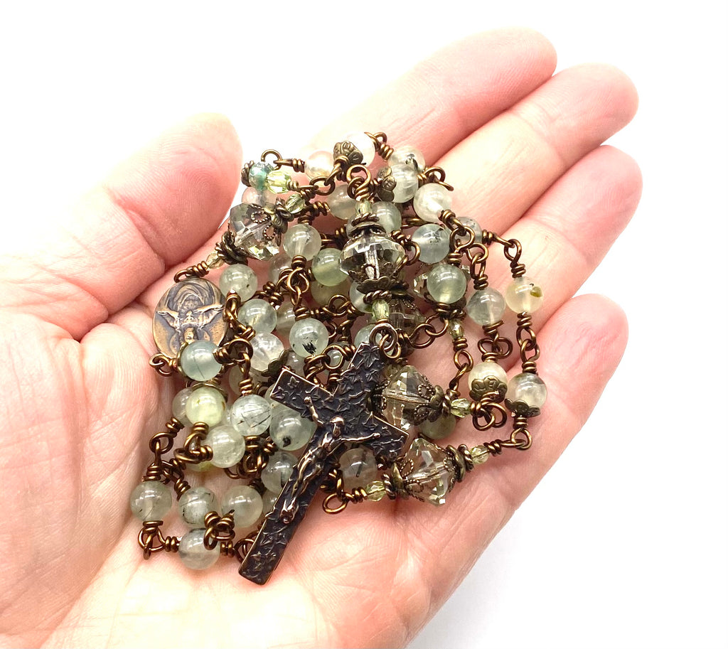 Prehnite Gemstone Wire Wrapped Catholic Heirloom Rosary Medium