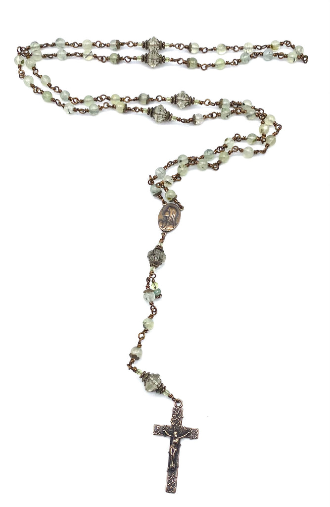 Prehnite Gemstone Wire Wrapped Catholic Heirloom Rosary Medium