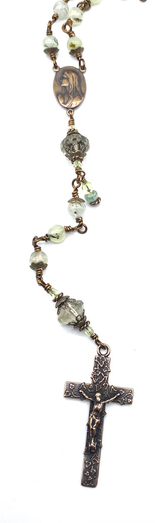 Prehnite Gemstone Wire Wrapped Catholic Heirloom Rosary Medium