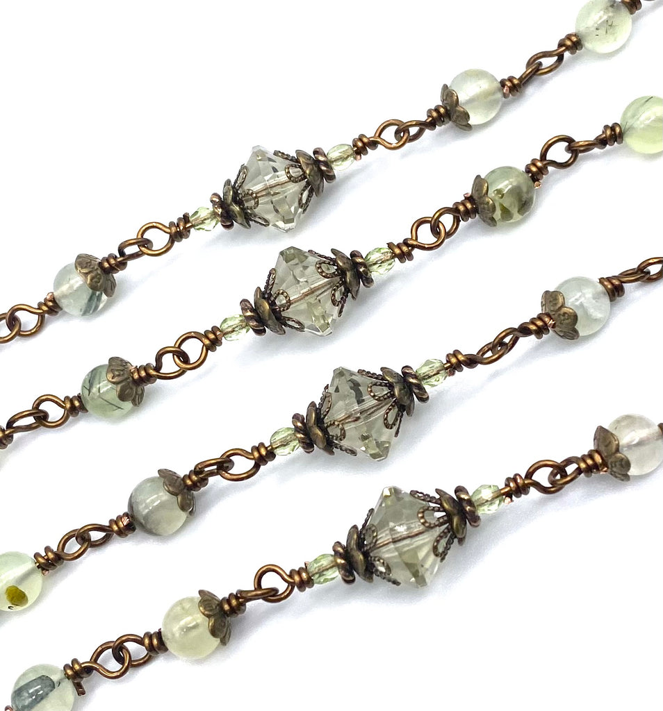 Prehnite Gemstone Wire Wrapped Catholic Heirloom Rosary Medium