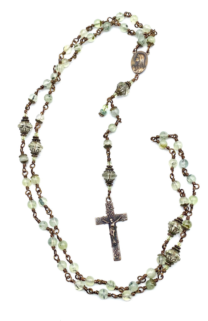 Prehnite Gemstone Wire Wrapped Catholic Heirloom Rosary Medium