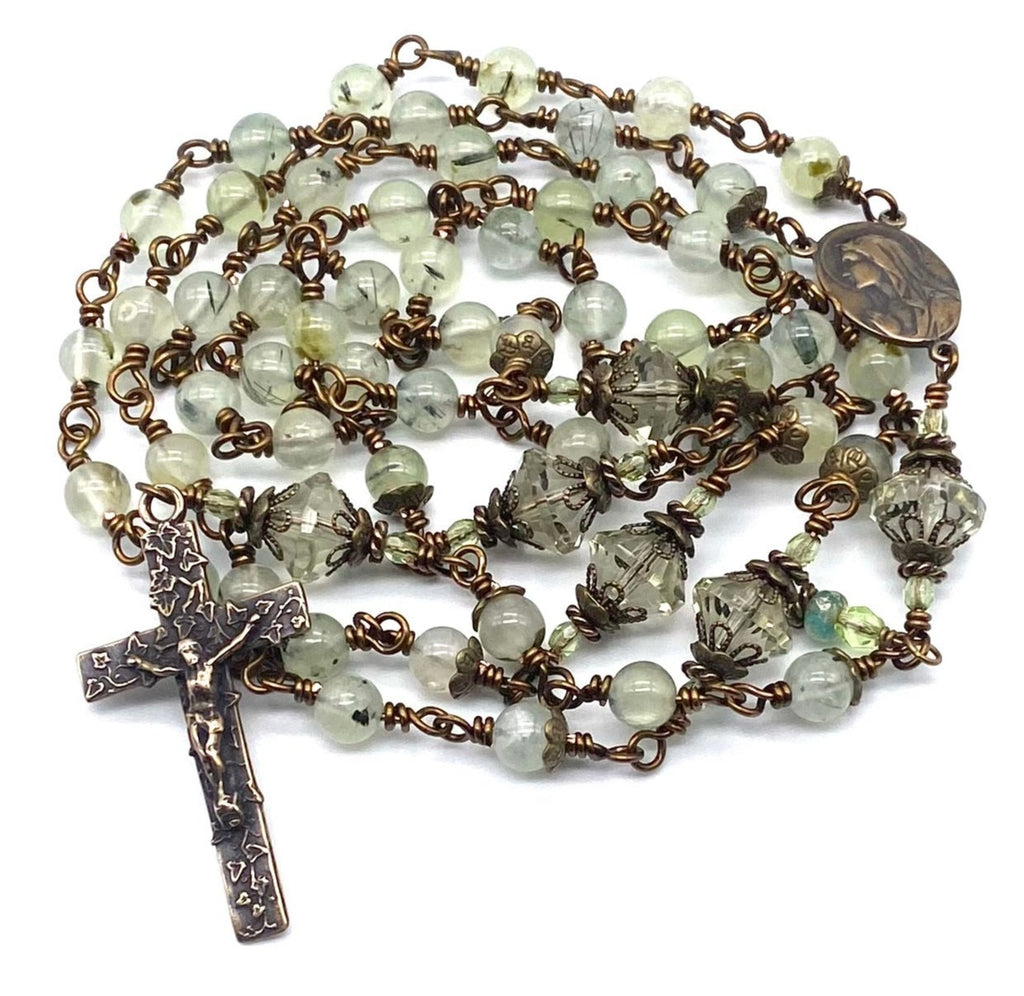 Prehnite Gemstone Wire Wrapped Catholic Heirloom Rosary Medium