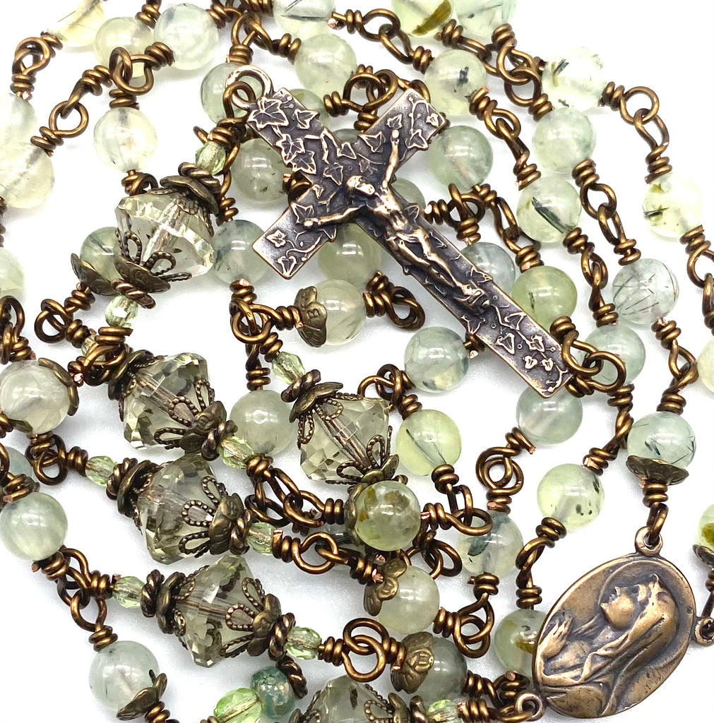 Prehnite Gemstone Wire Wrapped Catholic Heirloom Rosary Medium