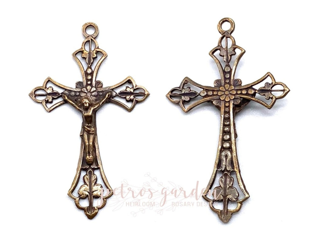 Sollid Bronze PRETTY VICTORIAN OPENWORK Rosary Crucifix, Catholic Pendant Jewelry, Religious Charm, Vintage/Antique Reproduction #PG3141