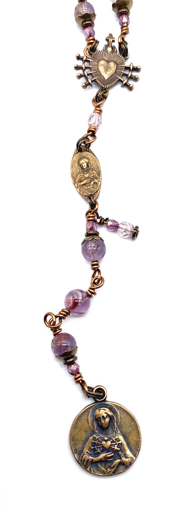 Purple Quartz Gemstone Wire Wrapped Catholic Heirloom Rosary of the Seven Sorrows MEDIUM