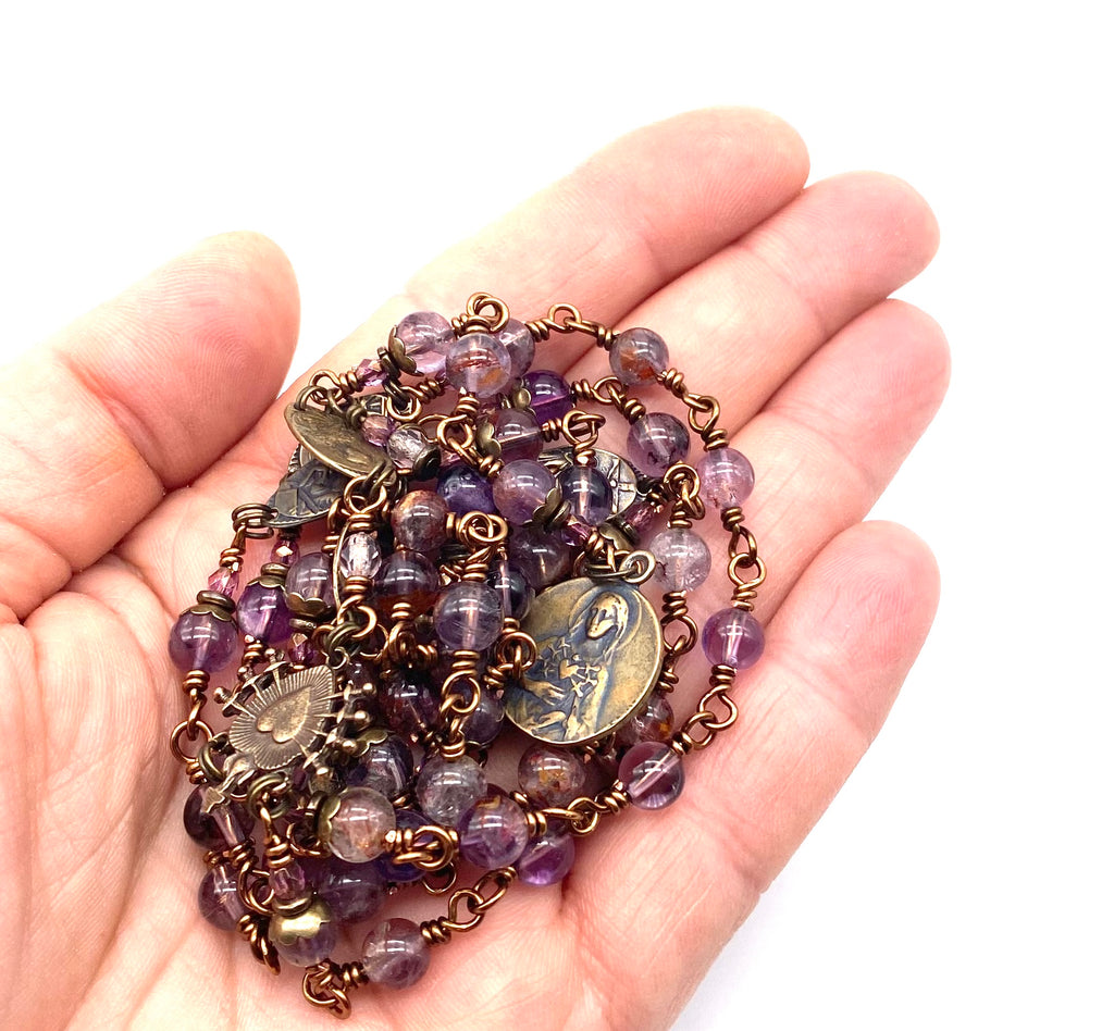 Purple Quartz Gemstone Wire Wrapped Catholic Heirloom Rosary of the Seven Sorrows MEDIUM