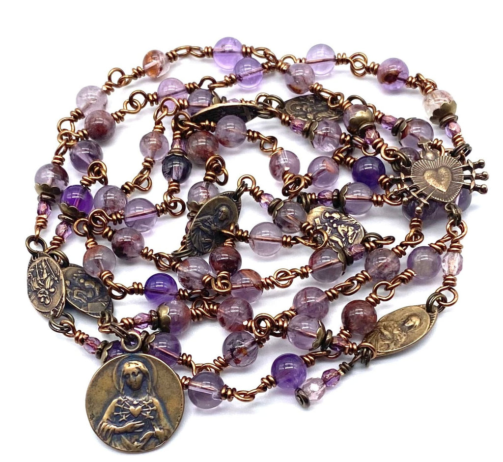 Purple Quartz Gemstone Wire Wrapped Catholic Heirloom Rosary of the Seven Sorrows MEDIUM
