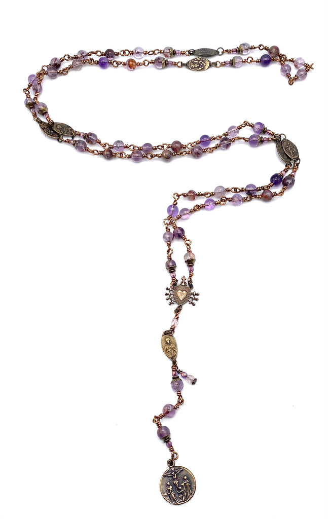 Purple Quartz Gemstone Wire Wrapped Catholic Heirloom Rosary of the Seven Sorrows MEDIUM