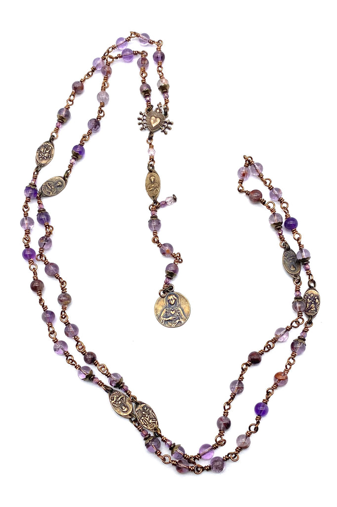 Purple Quartz Gemstone Wire Wrapped Catholic Heirloom Rosary of the Seven Sorrows MEDIUM