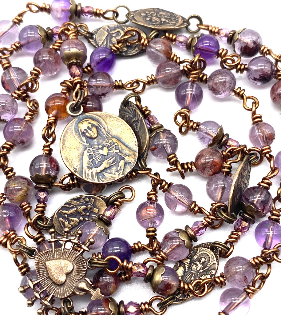 Purple Quartz Gemstone Wire Wrapped Catholic Heirloom Rosary of the Seven Sorrows MEDIUM