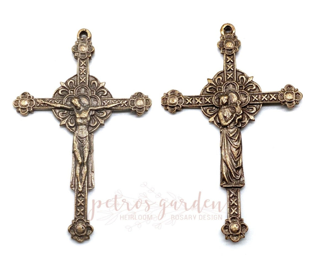 Solid Bronze RENAISSANCE DOUBLE SIDED Rosary Crucifix Antique Vintage Reproduction #PG4125