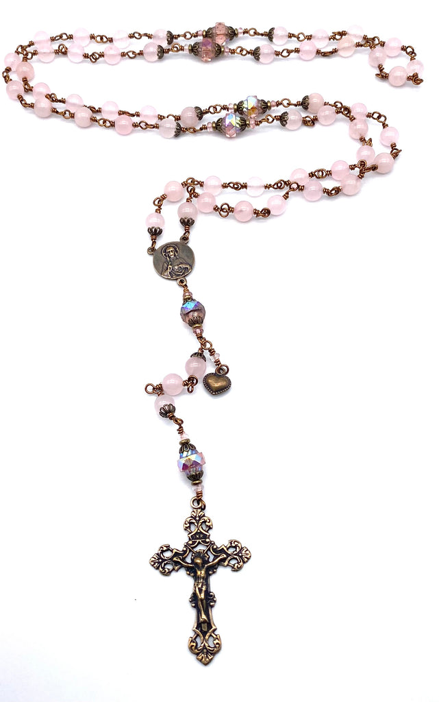 Rose Quartz Faceted Gemstone Wire Wrapped Catholic Heirloom Rosary Large