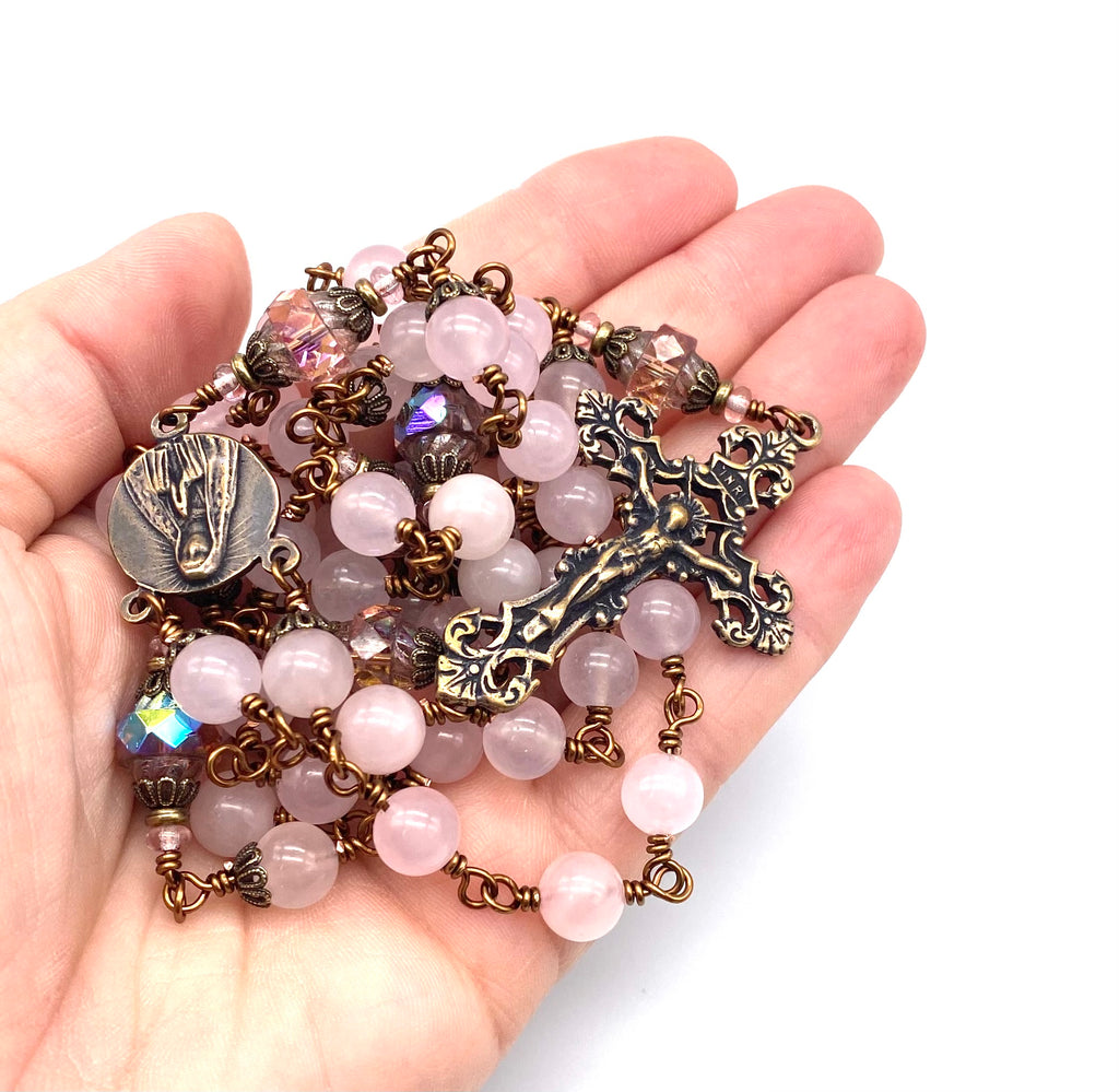 Rose Quartz Faceted Gemstone Wire Wrapped Catholic Heirloom Rosary Large